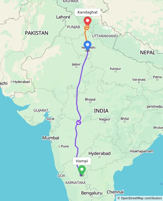 Route map showing distance and travel time from Hampi, India to Kandaghat, India