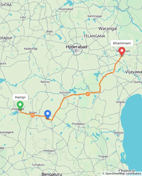 Route map showing distance and travel time from Hampi, India to Khammam, India
