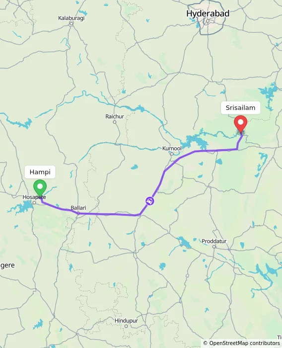 Route map showing distance and travel time from Hampi, India to Srisailam, India