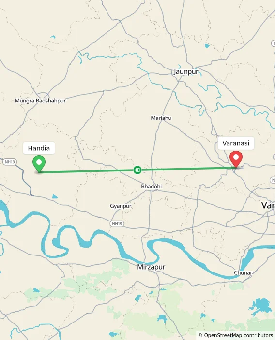 Route map showing distance and travel time from Handia, India to Varanasi, India