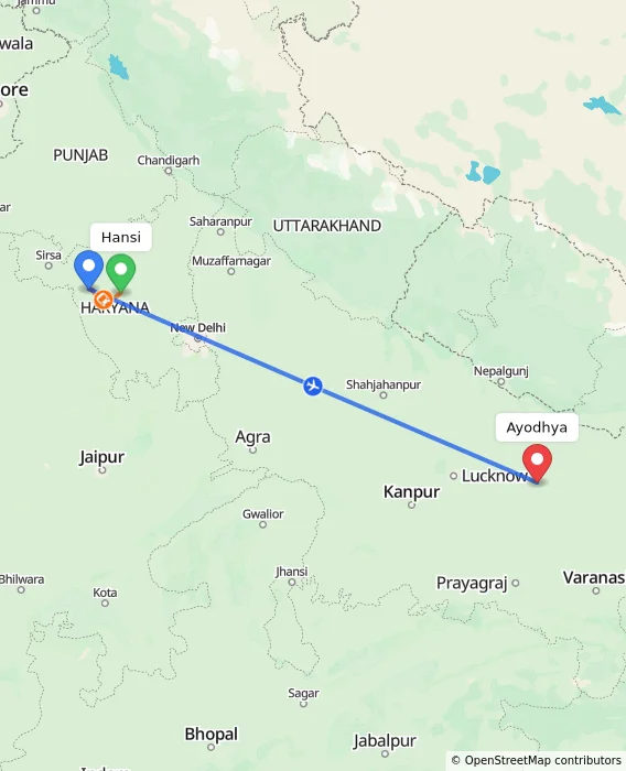 Route map showing distance and travel time from Hansi, India to Ayodhya, India
