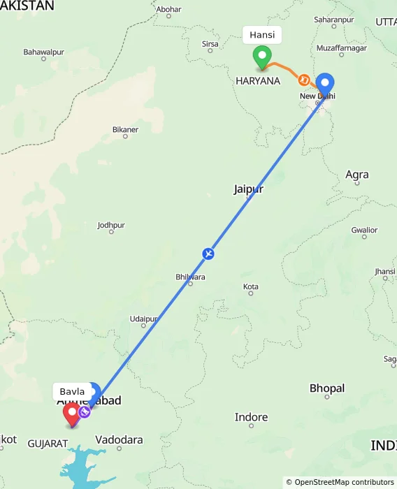 Route map showing distance and travel time from Hansi, India to Bavla, India