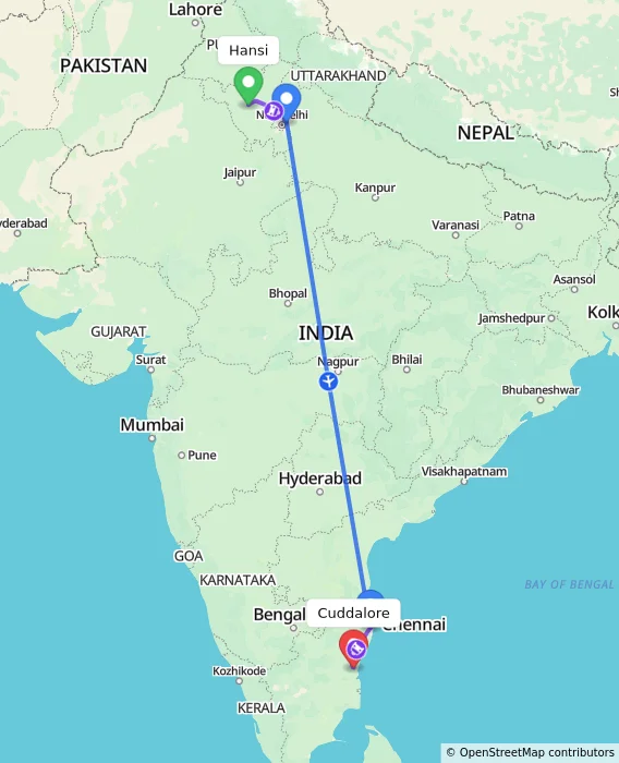 Route map showing distance and travel time from Hansi, India to Cuddalore, India