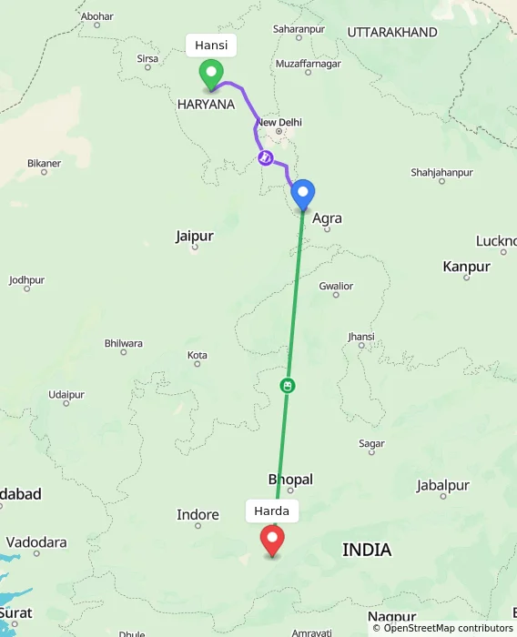 Route map showing distance and travel time from Hansi, India to Harda, India