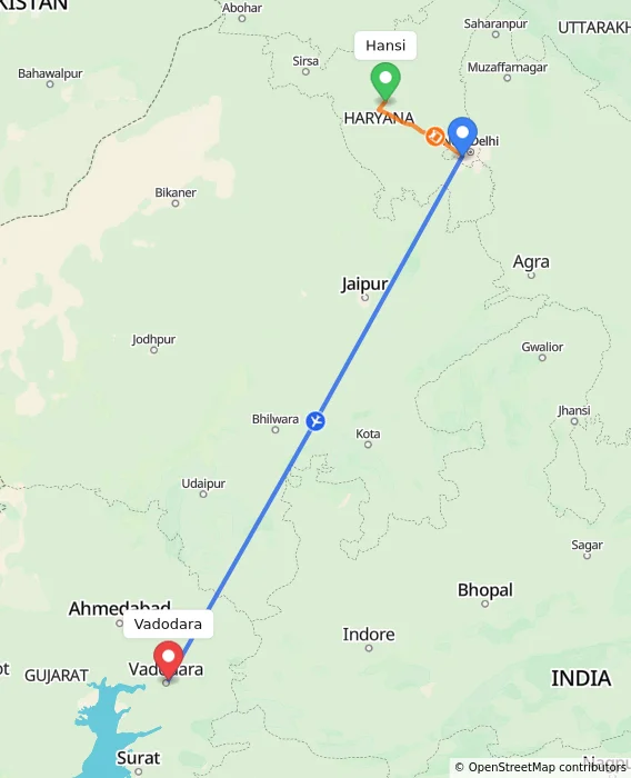 Route map showing distance and travel time from Hansi, India to Vadodara, India