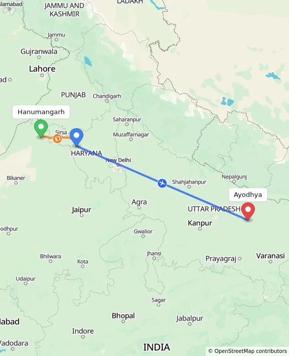 Route map showing distance and travel time from Hanumangarh, India to Ayodhya, India