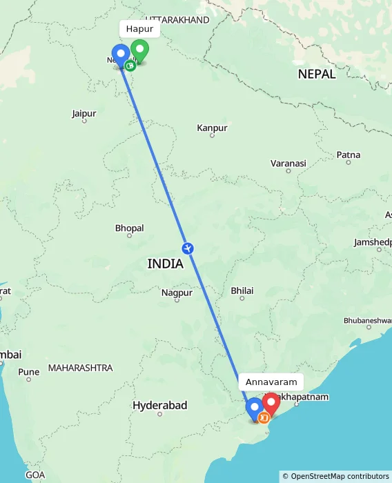 Route map showing distance and travel time from Hapur, India to Annavaram, India