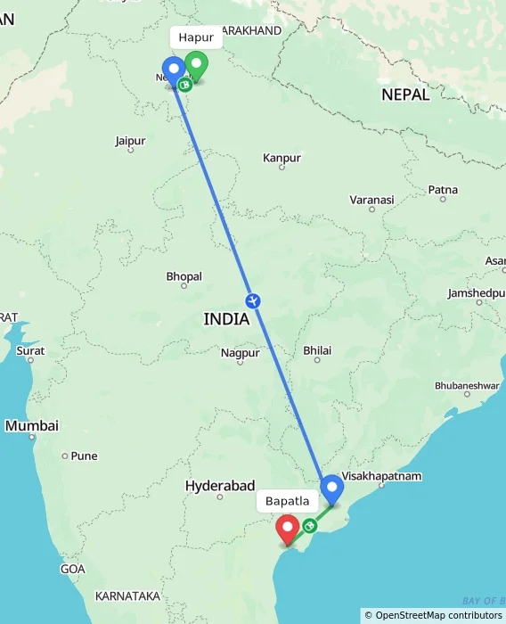 Route map showing distance and travel time from Hapur, India to Bapatla, India