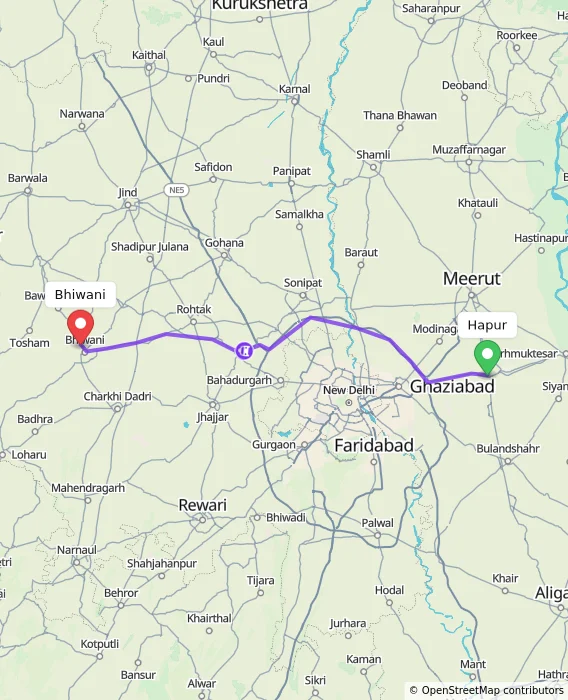 Route map showing distance and travel time from Hapur, India to Bhiwani, India