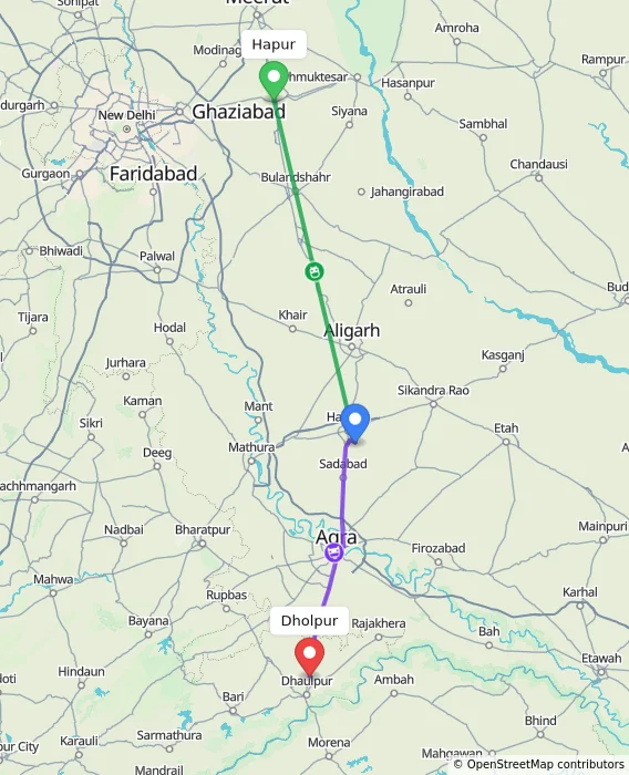 Route map showing distance and travel time from Hapur, India to Dholpur, India