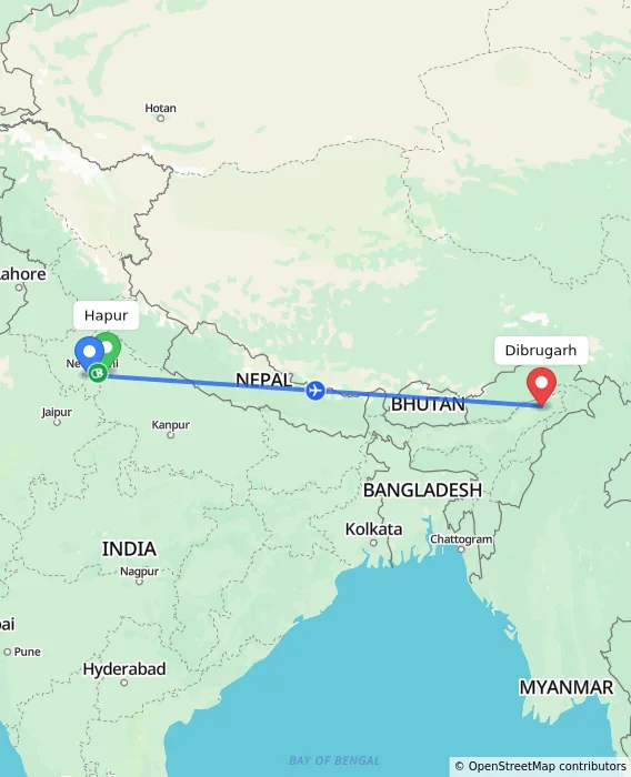Route map showing distance and travel time from Hapur, India to Dibrugarh, India