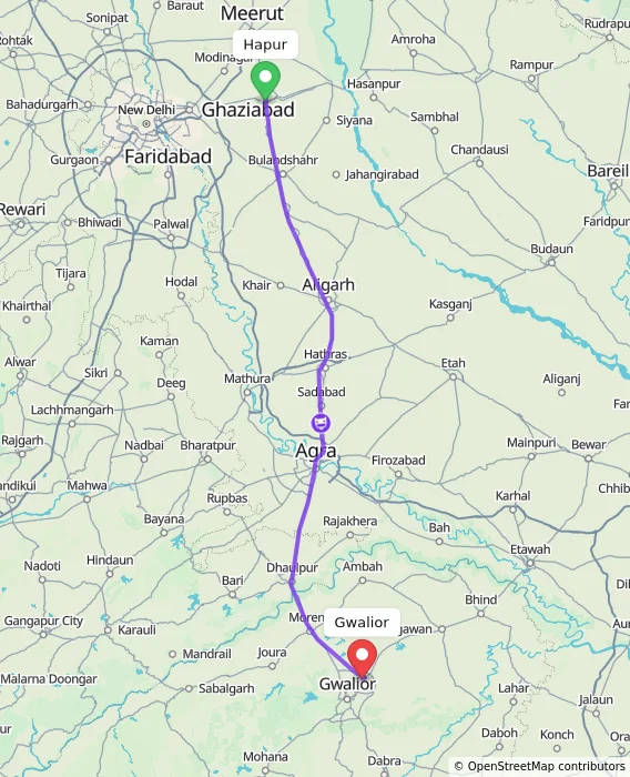 Route map showing distance and travel time from Hapur, India to Gwalior, India