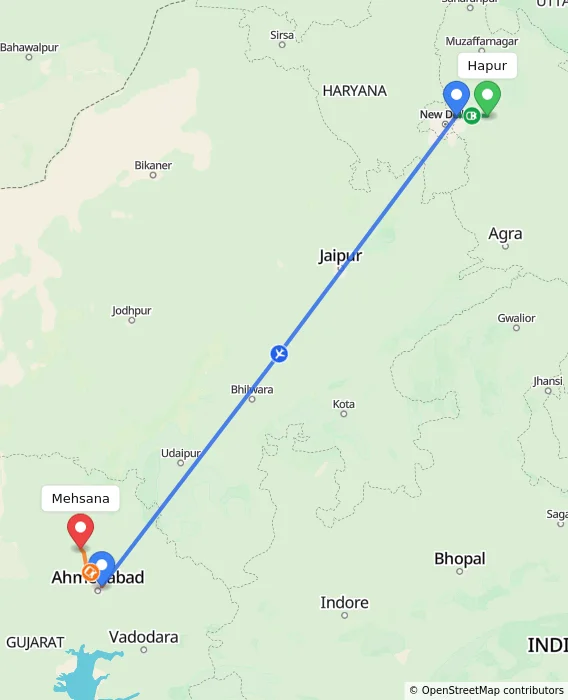 Route map showing distance and travel time from Hapur, India to Mehsana, India