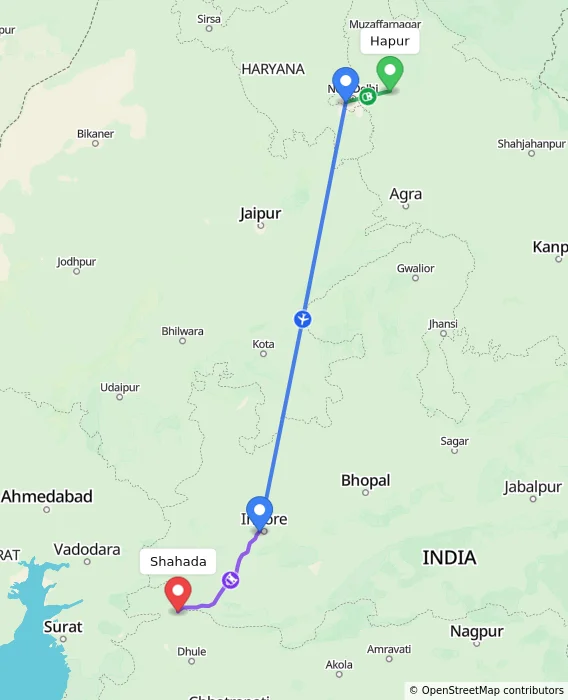 Route map showing distance and travel time from Hapur, India to Shahada, India