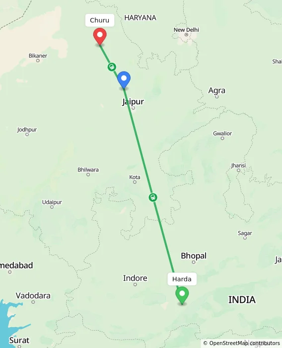 Route map showing distance and travel time from Harda, India to Churu, India
