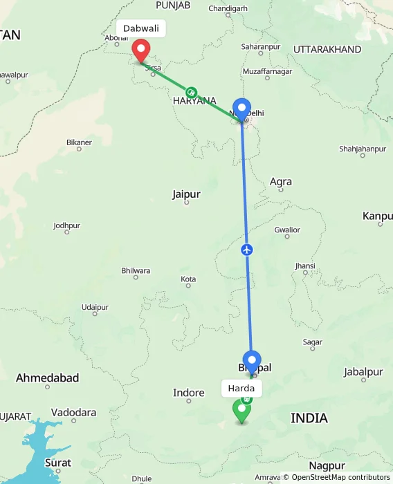 Route map showing distance and travel time from Harda, India to Dabwali, India