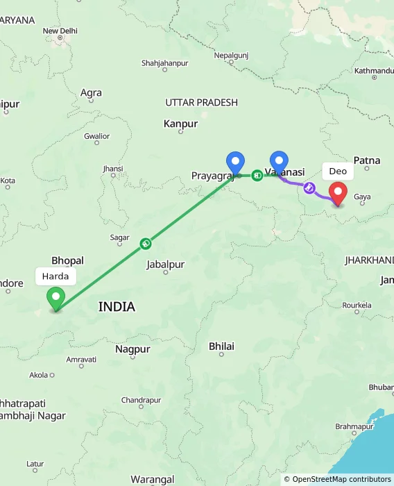 Route map showing distance and travel time from Harda, India to Deo, India