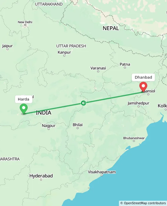 Route map showing distance and travel time from Harda, India to Dhanbad, India