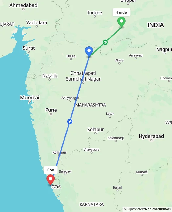 Route map showing distance and travel time from Harda, India to Goa, India