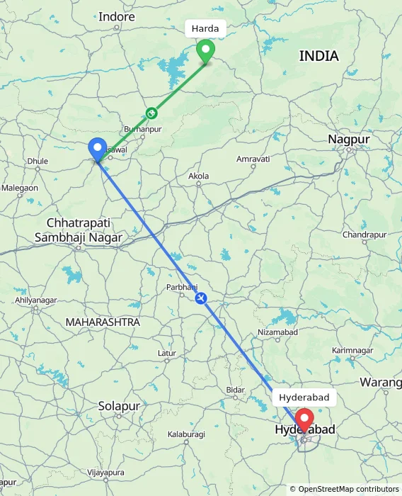 Route map showing distance and travel time from Harda, India to Hyderabad, India