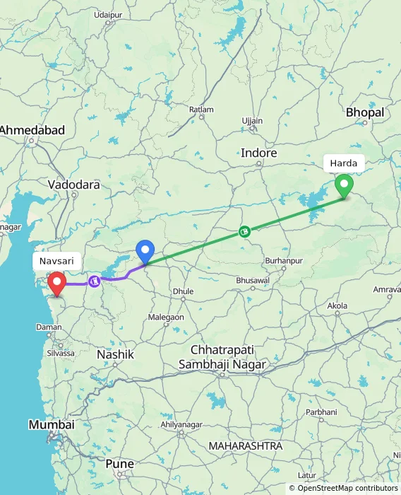 Route map showing distance and travel time from Harda, India to Navsari, India