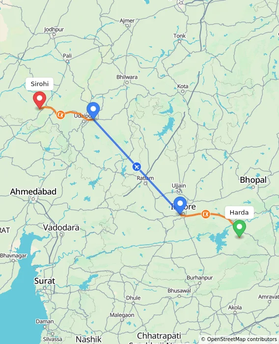 Route map showing distance and travel time from Harda, India to Sirohi, India