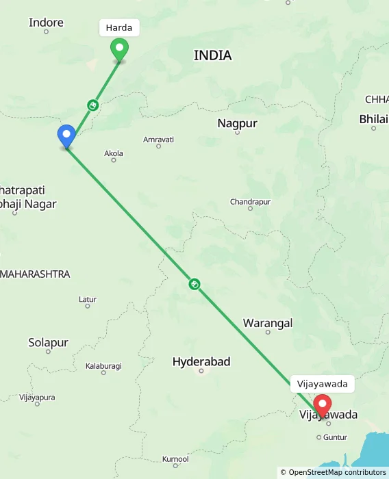 Route map showing distance and travel time from Harda, India to Vijayawada, India