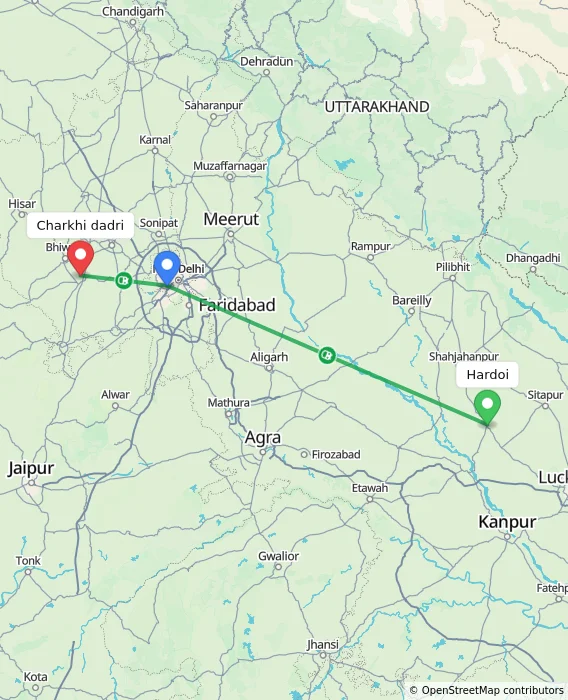 Route map showing distance and travel time from Hardoi, India to Charkhi dadri, India
