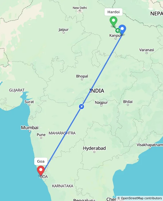 Route map showing distance and travel time from Hardoi, India to Goa, India