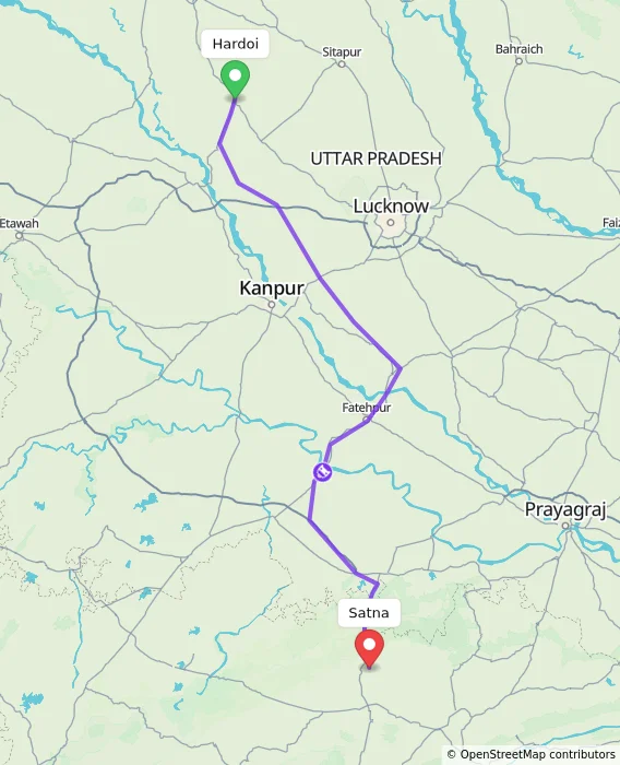 Route map showing distance and travel time from Hardoi, India to Satna, India