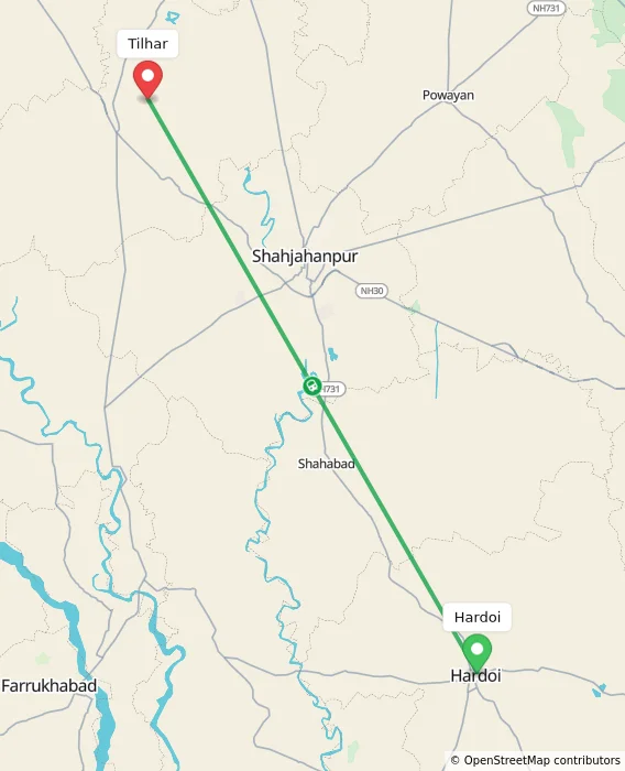 Route map showing distance and travel time from Hardoi, India to Tilhar, India
