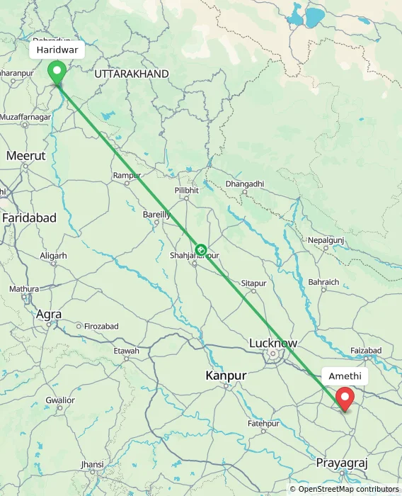 Route map showing distance and travel time from Haridwar, India to Amethi, India