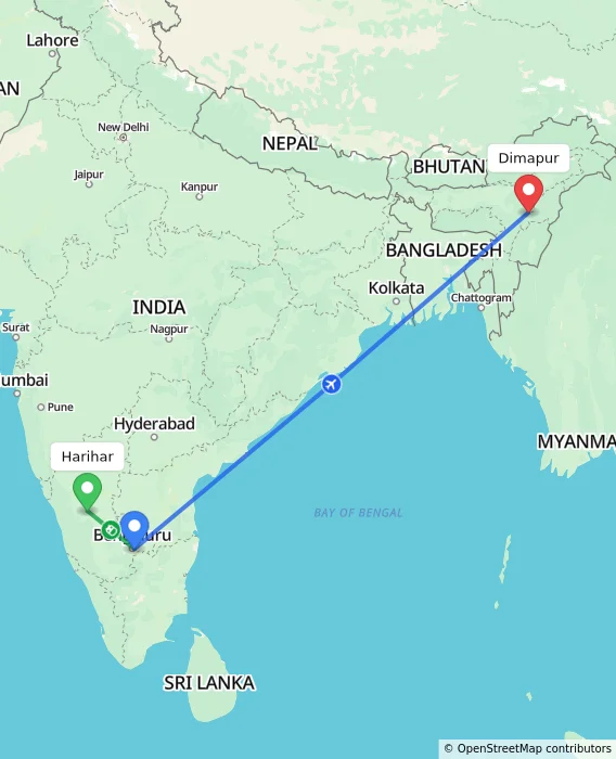 Route map showing distance and travel time from Harihar, India to Dimapur, India