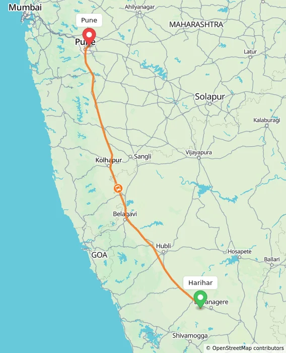 Route map showing distance and travel time from Harihar, India to Pune, India