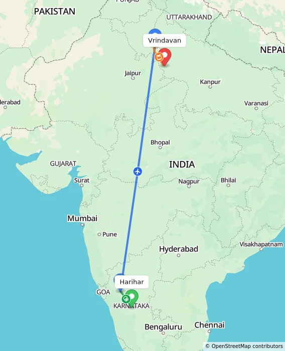 Route map showing distance and travel time from Harihar, India to Vrindavan, India