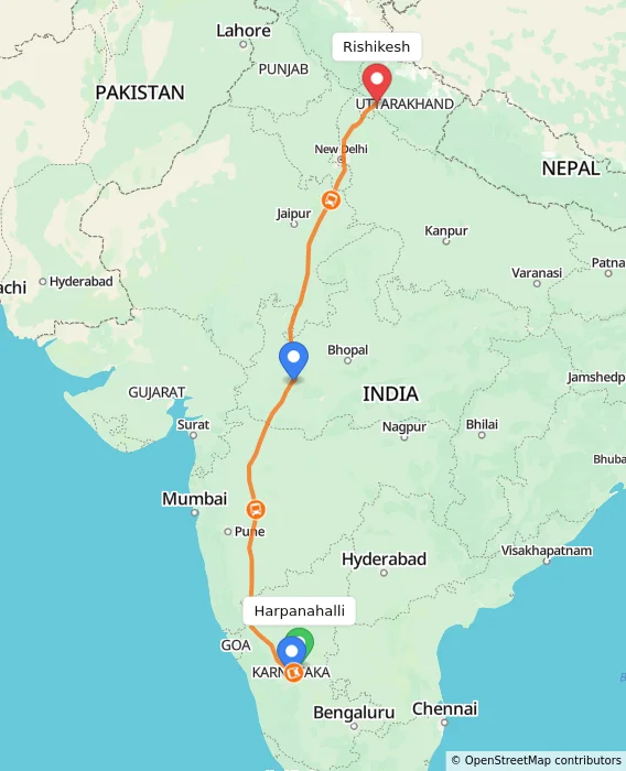 Route map showing distance and travel time from Harpanahalli, India to Rishikesh, India
