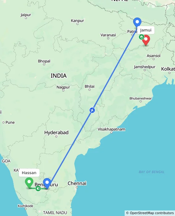 Route map showing distance and travel time from Hassan, India to Jamui, India