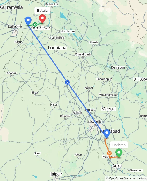 Route map showing distance and travel time from Hathras, India to Batala, India