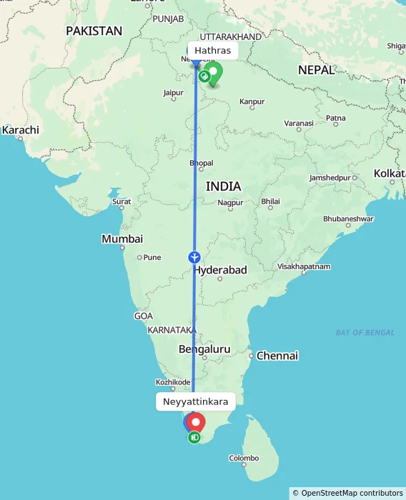 Route map showing distance and travel time from Hathras, India to Neyyattinkara, India