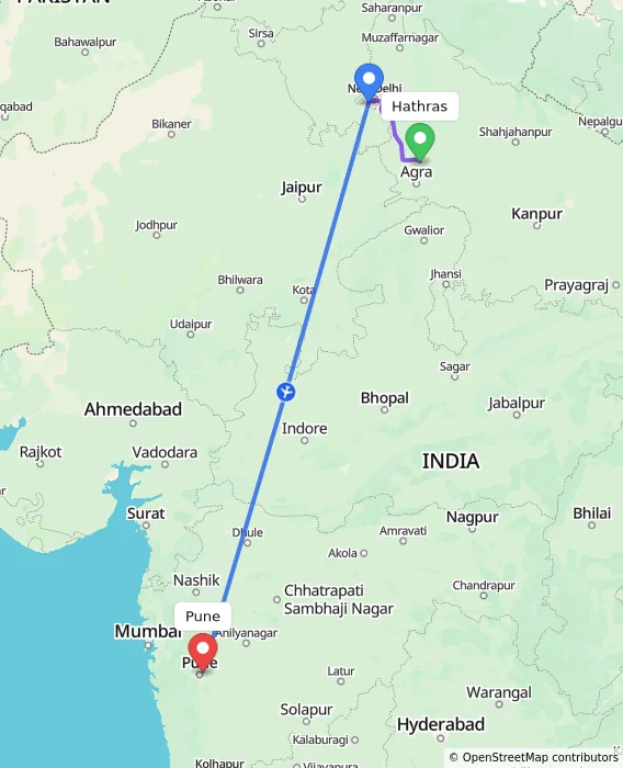 Route map showing distance and travel time from Hathras, India to Pune, India