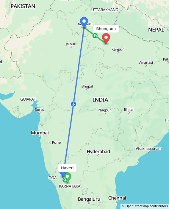 Route map showing distance and travel time from Haveri, India to Bhongaon, India