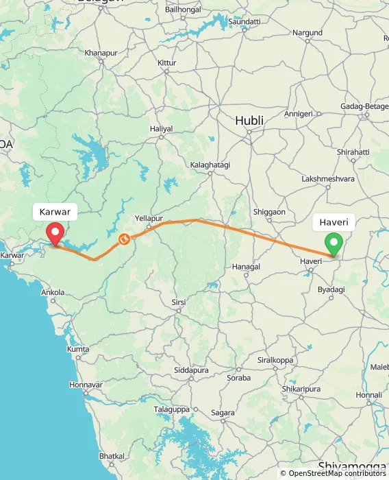 Route map showing distance and travel time from Haveri, India to Karwar, India