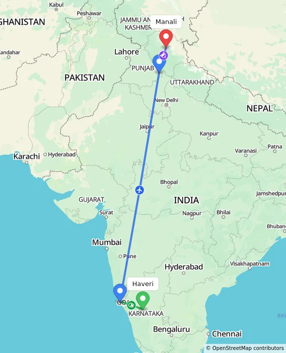 Route map showing distance and travel time from Haveri, India to Manali, India