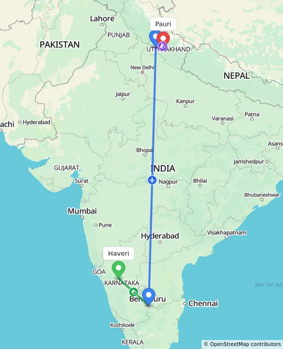 Route map showing distance and travel time from Haveri, India to Pauri, India