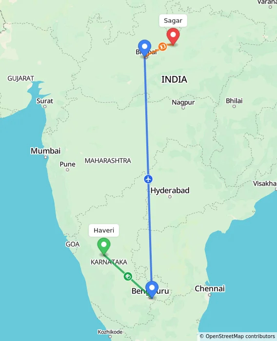 Route map showing distance and travel time from Haveri, India to Sagar, India
