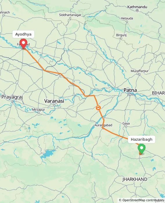 Route map showing distance and travel time from Hazaribagh, India to Ayodhya, India