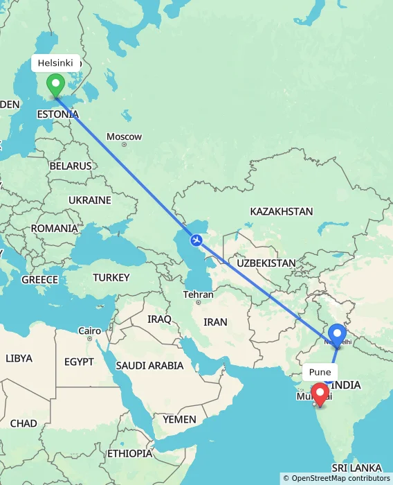 Route map showing distance and travel time from Helsinki, Finland to Pune, India