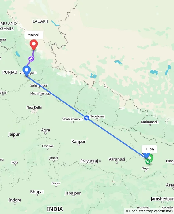 Route map showing distance and travel time from Hilsa, India to Manali, India