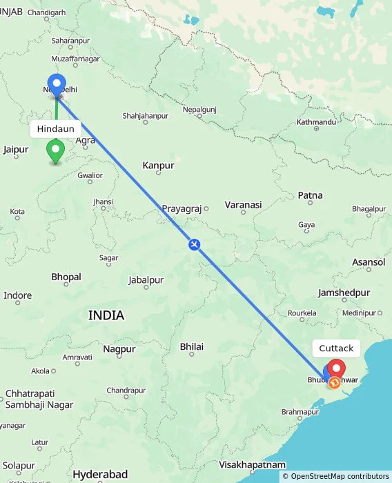 Route map showing distance and travel time from Hindaun, India to Cuttack, India