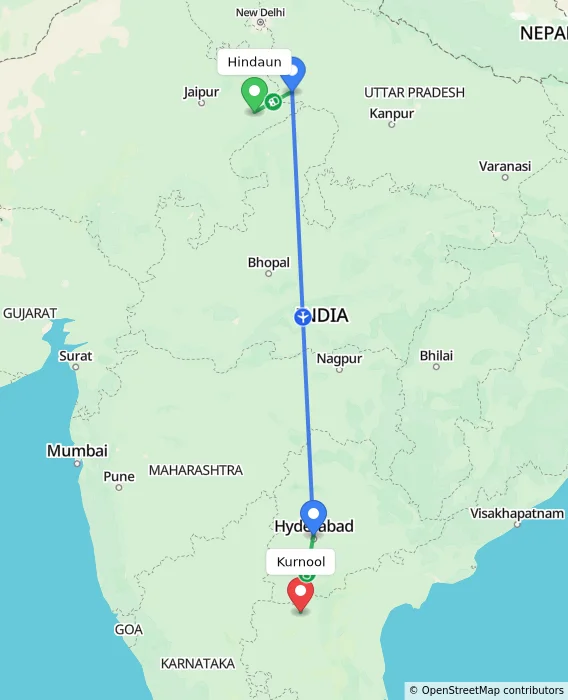 Route map showing distance and travel time from Hindaun, India to Kurnool, India
